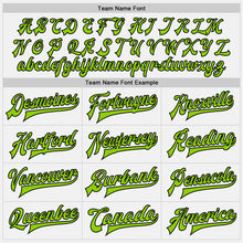Load image into Gallery viewer, Custom White Black Pinstripe Neon Green Bomber Full-Snap Varsity Letterman Jacket
