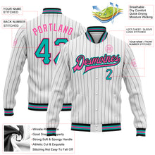 Загрузить изображение в средство просмотра галереи, Custom White Black Pinstripe Aqua-Pink Bomber Full-Snap Varsity Letterman Jacket