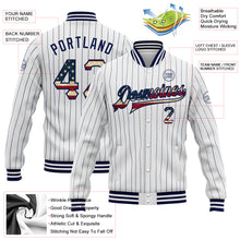 Load image into Gallery viewer, Custom White Navy Pinstripe Vintage USA Flag Bomber Full-Snap Varsity Letterman Jacket