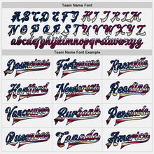 Load image into Gallery viewer, Custom White Navy Pinstripe Vintage USA Flag Bomber Full-Snap Varsity Letterman Jacket