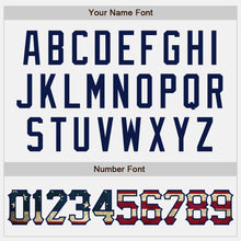 Load image into Gallery viewer, Custom White Navy Pinstripe Vintage USA Flag Bomber Full-Snap Varsity Letterman Jacket