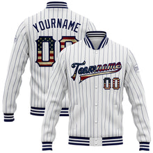 Load image into Gallery viewer, Custom White Navy Pinstripe Vintage USA Flag Bomber Full-Snap Varsity Letterman Jacket
