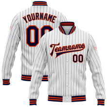 Laden Sie das Bild in den Galerie-Viewer, Custom White Navy Pinstripe Orange Bomber Full-Snap Varsity Letterman Jacket