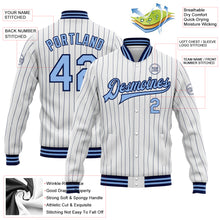 Load image into Gallery viewer, Custom White Navy Pinstripe Light Blue Bomber Full-Snap Varsity Letterman Jacket