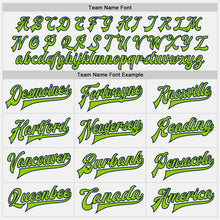 Laden Sie das Bild in den Galerie-Viewer, Custom White Navy Pinstripe Neon Green Bomber Full-Snap Varsity Letterman Jacket