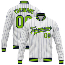 Laden Sie das Bild in den Galerie-Viewer, Custom White Navy Pinstripe Neon Green Bomber Full-Snap Varsity Letterman Jacket