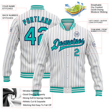 Laden Sie das Bild in den Galerie-Viewer, Custom White Navy Pinstripe Aqua Bomber Full-Snap Varsity Letterman Jacket