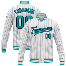 Laden Sie das Bild in den Galerie-Viewer, Custom White Navy Pinstripe Aqua Bomber Full-Snap Varsity Letterman Jacket