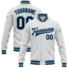 Laden Sie das Bild in den Galerie-Viewer, Custom White Navy Pinstripe Gray-Teal Bomber Full-Snap Varsity Letterman Jacket