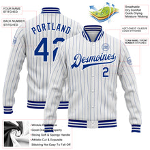 Laden Sie das Bild in den Galerie-Viewer, Custom White Royal Pinstripe Royal Bomber Full-Snap Varsity Letterman Jacket