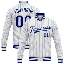 Laden Sie das Bild in den Galerie-Viewer, Custom White Royal Pinstripe Royal Bomber Full-Snap Varsity Letterman Jacket