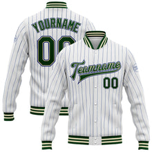 Laden Sie das Bild in den Galerie-Viewer, Custom White Royal Pinstripe Green-Cream Bomber Full-Snap Varsity Letterman Jacket