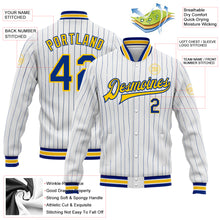 Загрузить изображение в средство просмотра галереи, Custom White Royal Pinstripe Yellow Bomber Full-Snap Varsity Letterman Jacket