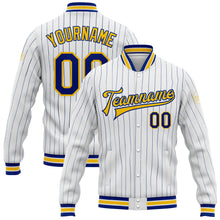 Загрузить изображение в средство просмотра галереи, Custom White Royal Pinstripe Yellow Bomber Full-Snap Varsity Letterman Jacket