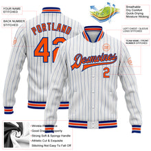 Charger l'image dans la galerie, Custom White Royal Pinstripe Orange Bomber Full-Snap Varsity Letterman Jacket