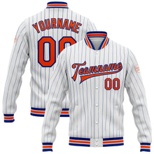 Charger l'image dans la galerie, Custom White Royal Pinstripe Orange Bomber Full-Snap Varsity Letterman Jacket