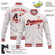 Load image into Gallery viewer, Custom White Red Pinstripe Vintage USA Flag Bomber Full-Snap Varsity Letterman Jacket