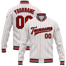 Laden Sie das Bild in den Galerie-Viewer, Custom White Red Pinstripe Black Bomber Full-Snap Varsity Letterman Jacket