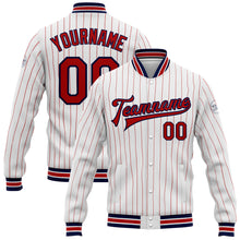 Laden Sie das Bild in den Galerie-Viewer, Custom White Red Pinstripe Navy Bomber Full-Snap Varsity Letterman Jacket