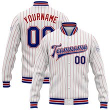Load image into Gallery viewer, Custom White Red Pinstripe Royal Bomber Full-Snap Varsity Letterman Jacket