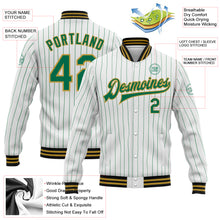 Load image into Gallery viewer, Custom White Kelly Green Pinstripe Old Gold-Black Bomber Full-Snap Varsity Letterman Jacket