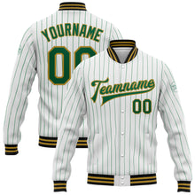 Load image into Gallery viewer, Custom White Kelly Green Pinstripe Old Gold-Black Bomber Full-Snap Varsity Letterman Jacket