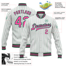 Load image into Gallery viewer, Custom White Kelly Green Pinstripe Pink Bomber Full-Snap Varsity Letterman Jacket