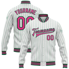 Load image into Gallery viewer, Custom White Kelly Green Pinstripe Pink Bomber Full-Snap Varsity Letterman Jacket