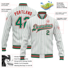 Load image into Gallery viewer, Custom White Kelly Green Pinstripe Red Bomber Full-Snap Varsity Letterman Jacket