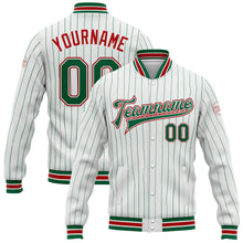 Load image into Gallery viewer, Custom White Kelly Green Pinstripe Red Bomber Full-Snap Varsity Letterman Jacket