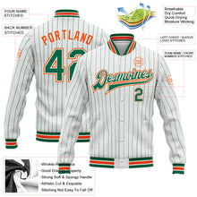 Load image into Gallery viewer, Custom White Kelly Green Pinstripe Orange Bomber Full-Snap Varsity Letterman Jacket