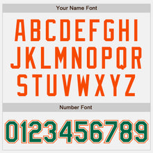 Load image into Gallery viewer, Custom White Kelly Green Pinstripe Orange Bomber Full-Snap Varsity Letterman Jacket