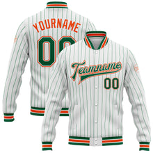 Load image into Gallery viewer, Custom White Kelly Green Pinstripe Orange Bomber Full-Snap Varsity Letterman Jacket