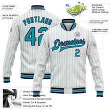 Load image into Gallery viewer, Custom White Teal Pinstripe Navy Bomber Full-Snap Varsity Letterman Jacket