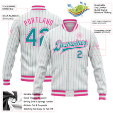 Load image into Gallery viewer, Custom White Teal Pinstripe Pink Bomber Full-Snap Varsity Letterman Jacket
