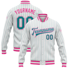 Load image into Gallery viewer, Custom White Teal Pinstripe Pink Bomber Full-Snap Varsity Letterman Jacket
