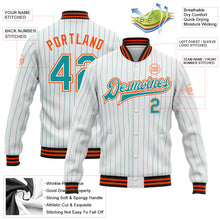 Laden Sie das Bild in den Galerie-Viewer, Custom White Teal Pinstripe Orange-Black Bomber Full-Snap Varsity Letterman Jacket