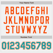 Laden Sie das Bild in den Galerie-Viewer, Custom White Teal Pinstripe Orange-Black Bomber Full-Snap Varsity Letterman Jacket