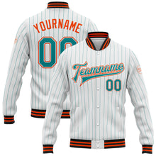 Laden Sie das Bild in den Galerie-Viewer, Custom White Teal Pinstripe Orange-Black Bomber Full-Snap Varsity Letterman Jacket