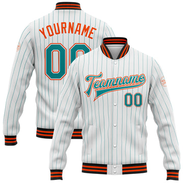 Custom White Teal Pinstripe Orange-Black Bomber Full-Snap Varsity Letterman Jacket