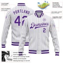 Load image into Gallery viewer, Custom White Purple Pinstripe Purple Bomber Full-Snap Varsity Letterman Jacket