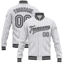 Загрузить изображение в средство просмотра галереи, Custom White Purple Pinstripe Gray-Black Bomber Full-Snap Varsity Letterman Jacket
