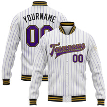 Загрузить изображение в средство просмотра галереи, Custom White Purple Pinstripe Old Gold-Black Bomber Full-Snap Varsity Letterman Jacket