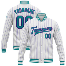 Загрузить изображение в средство просмотра галереи, Custom White Purple Pinstripe Teal Bomber Full-Snap Varsity Letterman Jacket