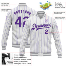 Загрузить изображение в средство просмотра галереи, Custom White Purple Pinstripe Gray Bomber Full-Snap Varsity Letterman Jacket