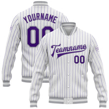 Загрузить изображение в средство просмотра галереи, Custom White Purple Pinstripe Gray Bomber Full-Snap Varsity Letterman Jacket