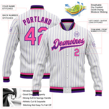 Загрузить изображение в средство просмотра галереи, Custom White Purple Pinstripe Pink-Black Bomber Full-Snap Varsity Letterman Jacket