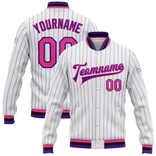 Загрузить изображение в средство просмотра галереи, Custom White Purple Pinstripe Pink-Black Bomber Full-Snap Varsity Letterman Jacket