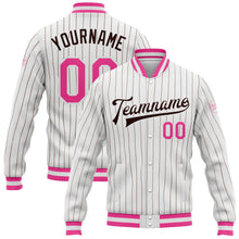 Загрузить изображение в средство просмотра галереи, Custom White Brown Pinstripe Pink Bomber Full-Snap Varsity Letterman Jacket