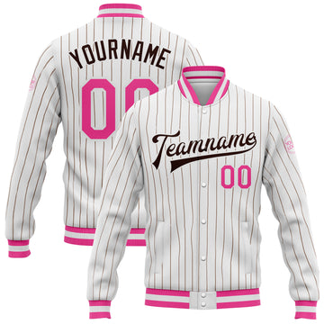 Custom White Brown Pinstripe Pink Bomber Full-Snap Varsity Letterman Jacket